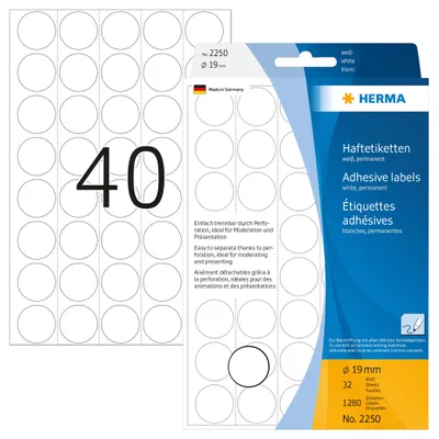 Productafbeelding van HERMA Markeerpunt 2250, 19 mm, papier, wit, 1.280 stuks per verpakking.