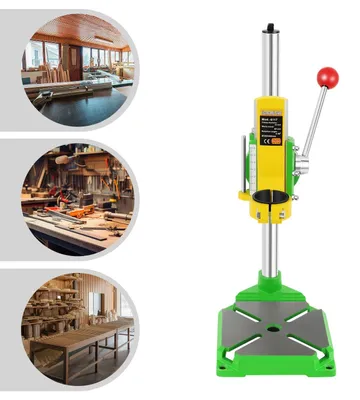 Immagine prodotto di Supporto per trapano a mano - Modello 6117 - Altezza 49 cm - Inclinazione 0–90° - Campo di serraggio Ø38–43 mm - Corsa 6 cm - Piastra di base 16×22 cm - Alluminio pressofuso e ghisa