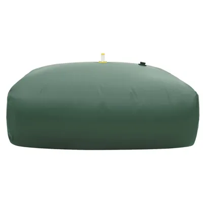 A large, green, flexible water tank is shown against a white background.