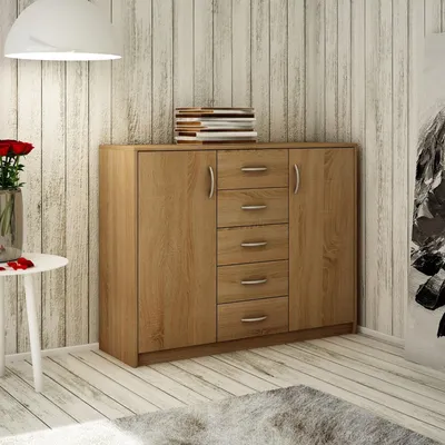 Produktbild von Kommode mit 5 Schubladen und 2 Türen in matter Ausführung, Kommode 110cm breit Holz Schrank Sideboard Highboard Kommode mit Schubladen sonoma