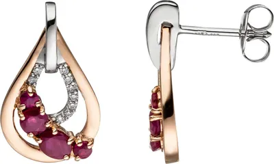 Produktbild von JOBO Ohrstecker Tropfen 585 Gold bicolor 8 Rubine rot 18 Diamanten Brillanten