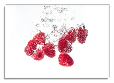 Produktbild von Wallario Premium Glasbild, freischwebende Optik, kräftige Farben, Größe 100 x 70 cm Motiv Sprudelnde Himbeerfrische