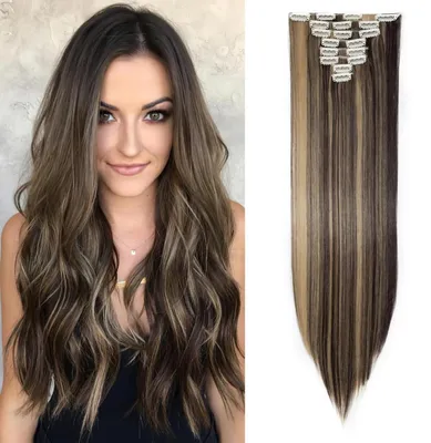 Zdjęcie produktu dla Pasemka do włosów syntetyczne, clip-in, 8 pasemek, 18 klipsów, proste, ciemnobrązowe/średnio blond, długość 66 cm, waga 140 g