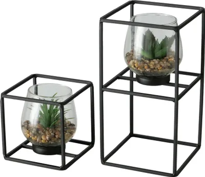 Productafbeelding van Boltze Home: Kunstplant decoratieset in glas met metalen voet, zwart, 2-delig
