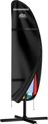 A black umbrella cover is shown on a stand, partially open to reveal colorful fabric underneath.