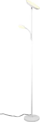 A white floor lamp with two lights, one larger and one smaller and adjustable.