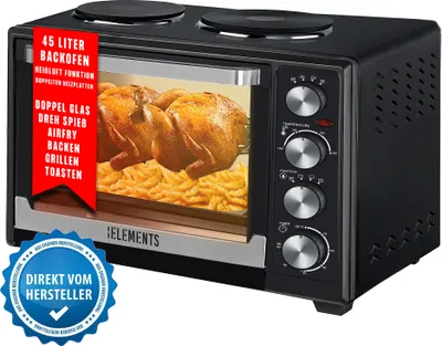 Produktbild von KB Elements ELK45V2 Minibackofen Drehspieß AirFryer 2 Kochplatten Pizzaofen 45L/3200W