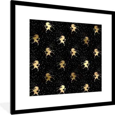 Produktbild von MuchoWow® Gerahmtes Poster Muster - Einhorn - Gold 40x40 cm - Poster mit Schwarzem Bilderrahmen Wandposter Rahmen Foto Bilder - Poster - Plakat im Rahmen