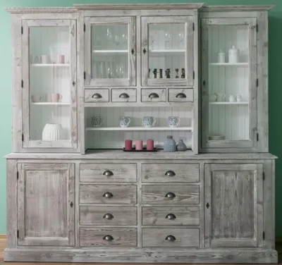 Produktbild von Casa Padrino Landhausstil Küchenschrank Grau / Weiß 244 x 47 x H. 225 cm - 2 Teiliger Schrank mit 6 Türen und 12 Schubladen - Landhausstil Küchenmöbel