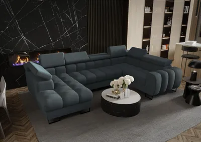 Productafbeelding van Zitmeubel met slaapbank BASTIEN, bekleed met stof Moly in de kleur grafiet, met een hocker aan de linkerkant