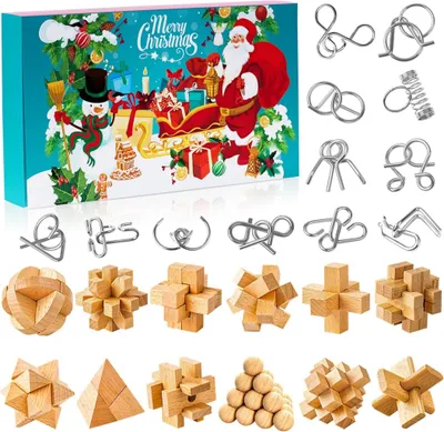 Produktbild von Knobelspiele Adventskalender 2025 Kinder & Erwachsene-24 Tage von Weihnachtskalender Geschenke mit Metall Knobelei und Holzk, Geschicklichkeitsspiele, IQ Puzzle fš¹r Jungen, M?dchen, Jugendliche