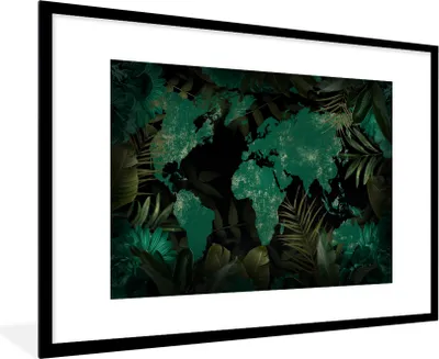 Produktbild von MuchoWow® MuchoWow® Gerahmtes Poster Weltkarte - Grün - Blätter 90x60 cm - Poster mit zchwarzem Bilderrahmen - Wanddekoration - Fotos