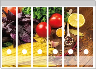 Produktbild von Wallario Ordnerrücken Sticker, selbstklebend für breite Ordner, 6 Stück, Motiv Italienisches Menü mit Spaghetti, Tomaten, Basilikum und Gewürzen