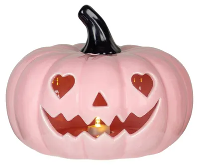 Produktbild von Summerween Kürbis Pink Keramik mit LED Licht – Halloween Deko 20cm | Herzaugen Pumpkin für Fasching Karneval Mottoparty