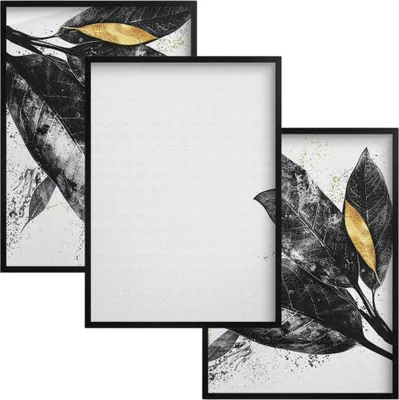 Image de Set de trois posters et tableaux pour le mur. Décoration murale de feuilles noires.