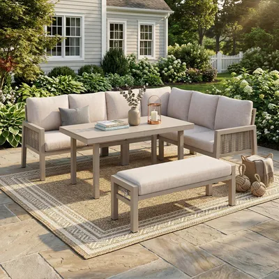 Produktbild von Garteneck-Essgruppe 8 Personen, Gartenmöbel-Set, Verzinktes Eisen, Glastisch, handgefertigtes PE-Geflechtseil, Esstisch, Bänke, Sofa