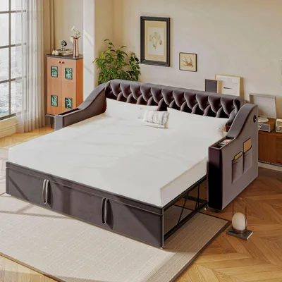 Image de Flieks Canapé-lit Canapé-lit 90x190cm/180x190cm avec lit gigogne, Lit rembourré Lit de jour Daybed avec fonction de chargement, Lit de jeune Lit d'invité, Velours, Gris foncé