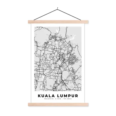 Produktbild von MuchoWow® Textilposter Kuala Lumpur - Stadtplan - Schwarz und weiß - Karte 40x60 cm mit holzfarbenen Rahmen - Poster