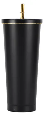 Thermosbecher 500 ml, doppelwandig, Edelstahl, mit Strohhalm, schwarz
