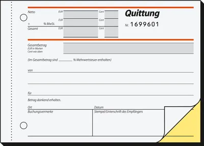 Produktbild von SIGEL SD121 Quittungen, mit fortlfd. Nummerierung, 1. u. 2. Blatt bedruckt, mit Sicherheitsdruck, A6 q, selbstdurchschreibend, 2 x 50 Blatt