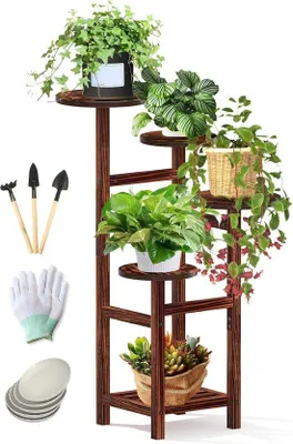 Image de Support à fleurs en bois pour l'intérieur, support pour plantes de balcon, support à plantes multifonctionnel, support pour plantes d'intérieur, en bois, marron, support à 5 niveaux