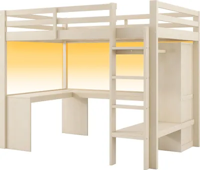 Produktbild von Merax Etagenbett Hochbett 140x200 cm, mit Regalen, Schreibtisch, LED-Licht und USB, Hängebereich, Stockbett aus Holz, Kinderbett, Jugendbett, Natur