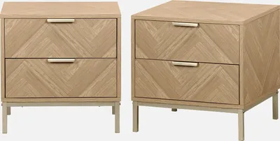 Two wooden nightstands with herringbone patterned drawer fronts and silver handles, displayed on a white background.