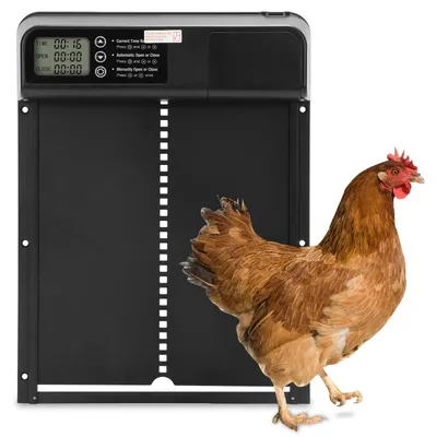 Productafbeelding van Automatische kippenluik met timer, LCD-display en veiligheidssysteem om vastklemmen te voorkomen, werkt op 3 AA-batterijen, handmatig bedienbaar, kleur: zwart