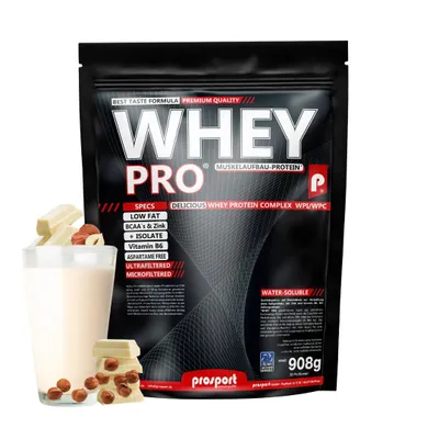 Produktbild von Prosport WHEY PRO® Whey Protein Pulver – White-Choc Hazelnut 908g – Konzentrat-Isolat-Mix, Eiweißpulver mit Zink, Vitamin B6 & EAAs, Protein Shake für Muskelaufbau