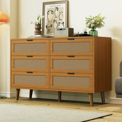 Zdjęcie produktu dla Flieks rattanowa komoda z 6 szufladami, komoda z szufladami na nóżkach z litego drewna, komoda do salonu, 120x40x76,5 cm, orzech włoski
