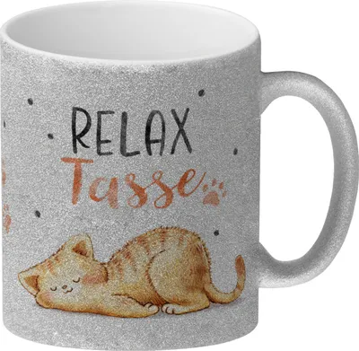 Produktbild von Relaxte Katze Glitzer-Kaffeebecher mit Spruch Relax Tasse