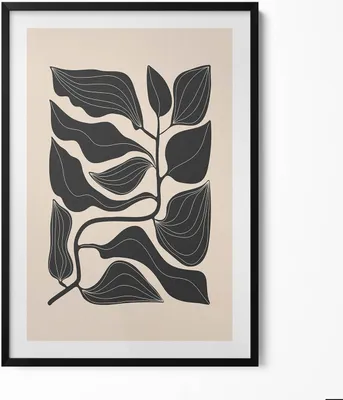 Produktbild von Minimalistische Illustration von Pflanzenblättern– Wandbild mit Rahmen – Gerahmtes Bild  – Wanddekoration – 70x100 cm –  Schwarz Rahmen