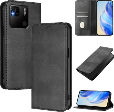 A collage of images showing a black leather flip phone case for a Xiaomi Redmi 10A/Redmi 9C.