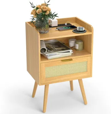 Immagine prodotto di Tavolino da notte con presa di corrente e porta USB, in legno, dimensioni 40 x 29 x 60,5 cm