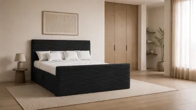 Produktbild von Kaiser Möbel Boxspringbett mit bettkasten und topper 140x200 TRENTO stoff Plüsch Cord Schwarz H3-Bonell