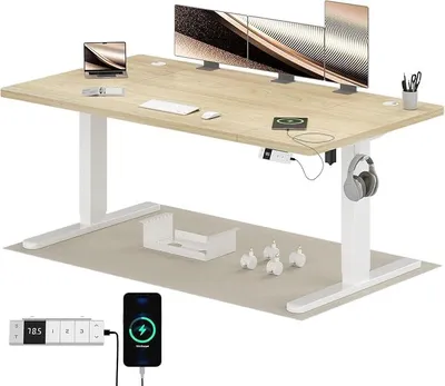 Imagen del producto de Escritorio de altura ajustable de 160x80 cm con puerto USB-C, acabado en roble