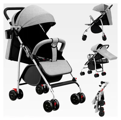 Produktbild von Klappbarer Kinderwagen, Buggy mit flacher Liegeposition, Faltbarer Sportwagen mit Sicherheitsgurt und Sonnendach für 0-4 Jahre bis 22 kg (Grau)