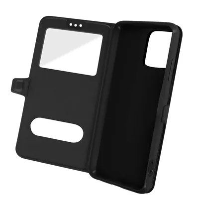 A black flip case for a smartphone, shown open.