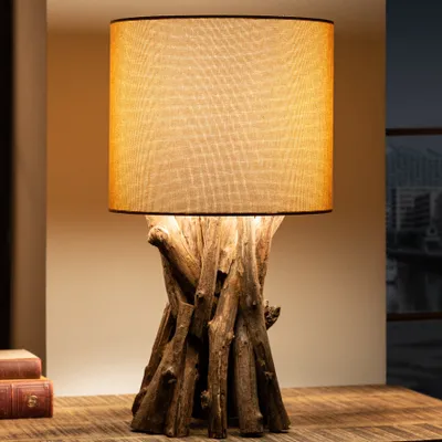 Produktbild von Massivholz Tischlampe HARMONY NATURE 50cm beige Teak mit Leinenschirm