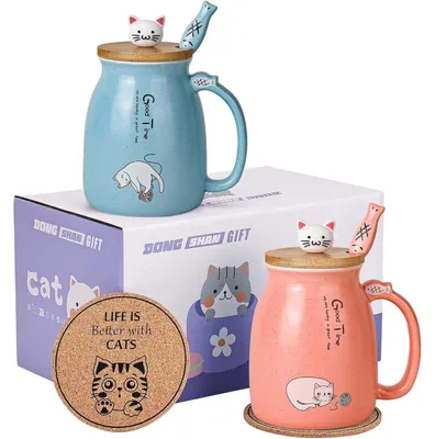 Productafbeelding van Set van 2 keramische bekers met deksel en lepel, 450 ml, blauw en roze