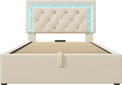 Produktbild von Polsterbett 90x200 cm Samt Beige | Jugendbett mit Kopfteil LED, USB & Type-C Ladestation | Bettgestell mit hydraulischem Stauraum & Lattenrost