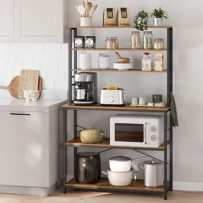 A kitchen shelf unit filled with various kitchen appliances and food items.