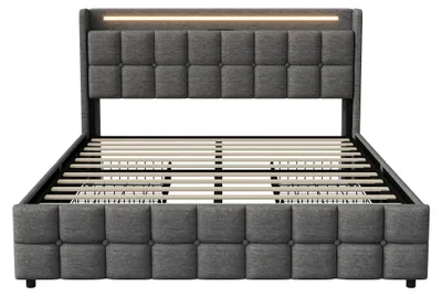 Produktbild von Polsterbett mit Stauraum - Bettgestell - Größe 160×200 cm - 4 Schubladen - LED-Beleuchtung - USB-Anschluss - Hanfstoff - Metallrahmen - Grau