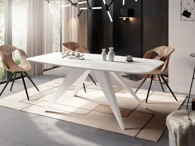 Produktbild von Ausziehbarer Esstisch im Loft-Stil - Industrieller Tisch in Weißer Marmoroptik mit Weißen Metallbeinen - Modernes Design für Wohnzimmer - 160 cm Ausziehbar auf 200 cm - Marmor Weiß