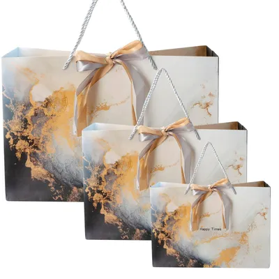 Produktbild von Geschenktüten im Marmor-Stil, Geschenktüten mit Schleife, Papiergeschenktüten, Geschenktüten für Geburtstage, 3 Papiergeschenktüten, klein, mittel, groß (weiß)