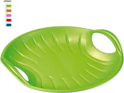 A green plastic sled on a white background, with a color swatch chart in the top left corner.