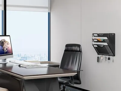 Produktbild von 3-lagiger A4 Mesh-Tray Wandorganizer mit 5 Haken und Schlüsselhaltern - Schwarz