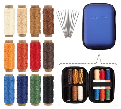 Produktbild von Wachsgedrehte Leder-Nähfaden-Set mit 12 Farben und 12 Nadeln