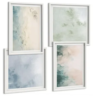 Produktbild von Bilder Set 4-teilig im weißen Rahmen – Wandbilder 4 Stück – gerahmte Poster für Wohnzimmer, Schlafzimmer und Flur – 50x50 cm - 40x60 cm – Aquarell-Leinwandstil