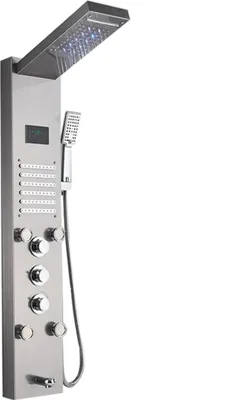 Produktbild von Linuode Luxus Schwarz / Gebürstet Badezimmer LED Duschpaneel Turmsystem Wandmontage Mischbatterie Handbrause SPA Massage Temperaturbildschirm,8004 Nickel gebürstet